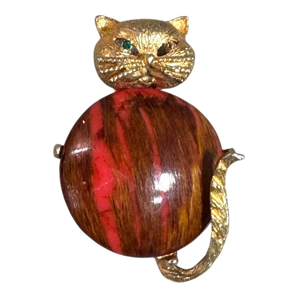 Rare Vintage Wood Encased Plastic Lucite Cat Pin Emerald Green Rhinestone Eyes